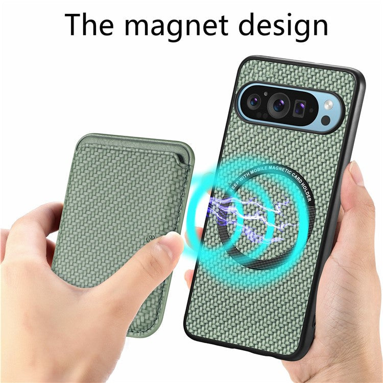 For Google Pixel 9 / Pixel 9 Pro Case Carbon Fiber Leather Back Cover with Detachable Card Bag - Green
