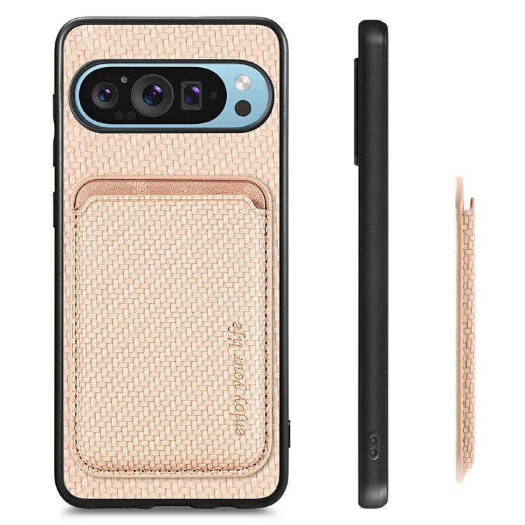 For Google Pixel 9 / Pixel 9 Pro Case Carbon Fiber Leather Back Cover with Detachable Card Bag - Apricot