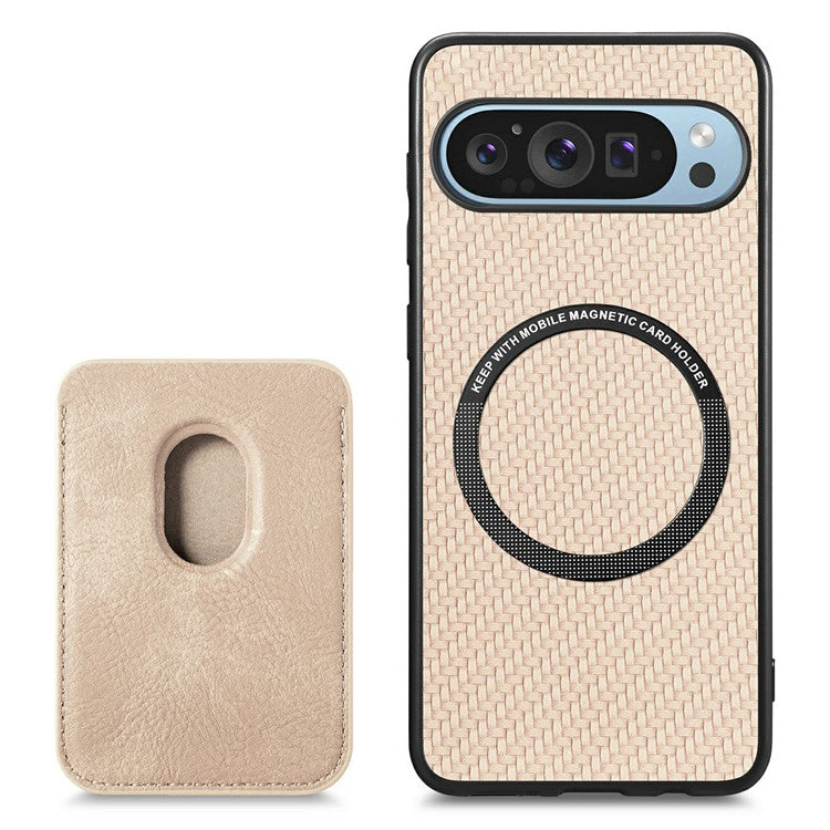 For Google Pixel 9 / Pixel 9 Pro Case Carbon Fiber Leather Back Cover with Detachable Card Bag - Apricot