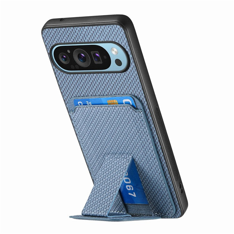 For Google Pixel 9 / Pixel 9 Pro Case Card Holder Carbon Fiber Texture Leather Coated TPU Phone Cover - Blue