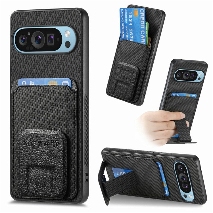 For Google Pixel 9 / Pixel 9 Pro Case Card Holder Carbon Fiber Texture Leather Coated TPU Phone Cover - Black