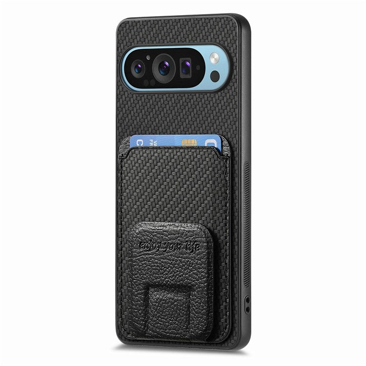 For Google Pixel 9 / Pixel 9 Pro Case Card Holder Carbon Fiber Texture Leather Coated TPU Phone Cover - Black