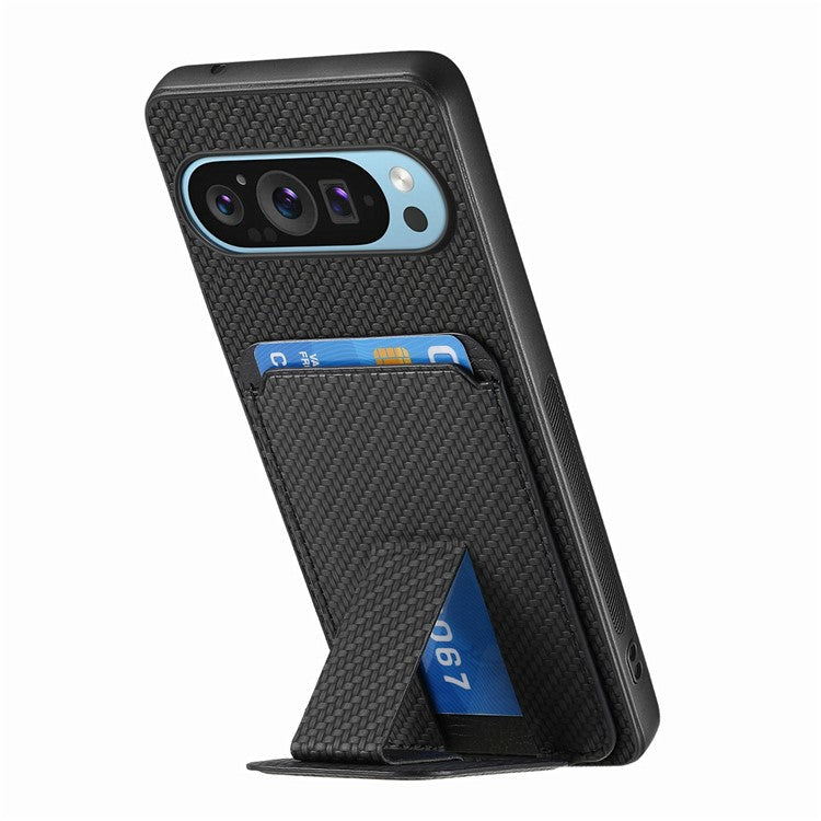 For Google Pixel 9 / Pixel 9 Pro Case Card Holder Carbon Fiber Texture Leather Coated TPU Phone Cover - Black
