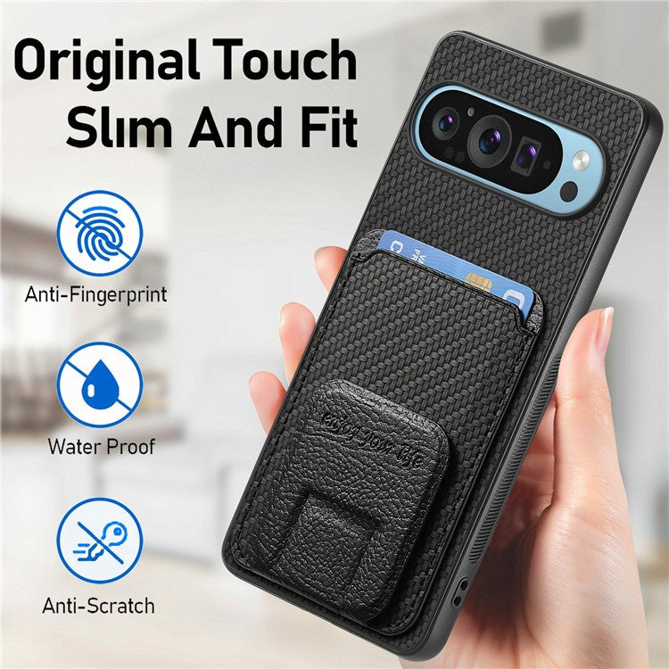 For Google Pixel 9 / Pixel 9 Pro Case Card Holder Carbon Fiber Texture Leather Coated TPU Phone Cover - Black