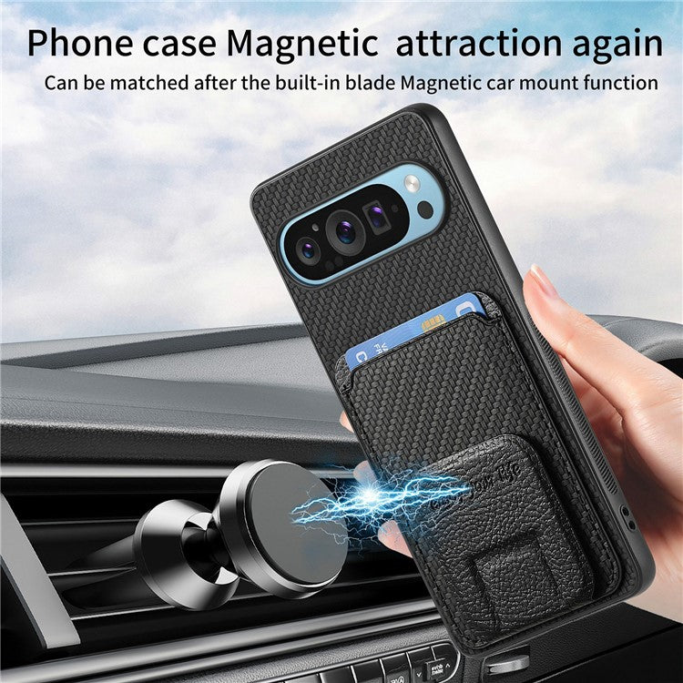 For Google Pixel 9 / Pixel 9 Pro Case Card Holder Carbon Fiber Texture Leather Coated TPU Phone Cover - Black