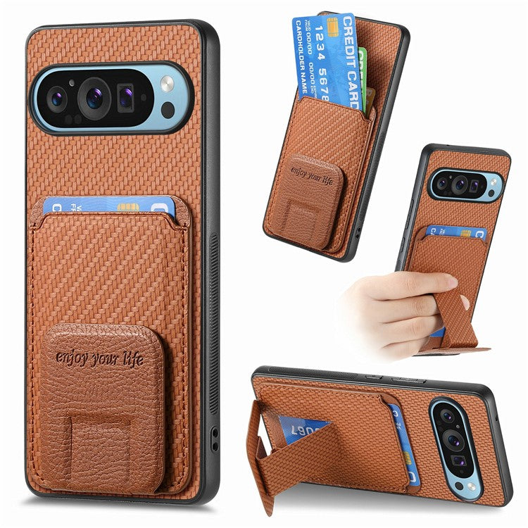 For Google Pixel 9 / Pixel 9 Pro Case Card Holder Carbon Fiber Texture Leather Coated TPU Phone Cover - Brown