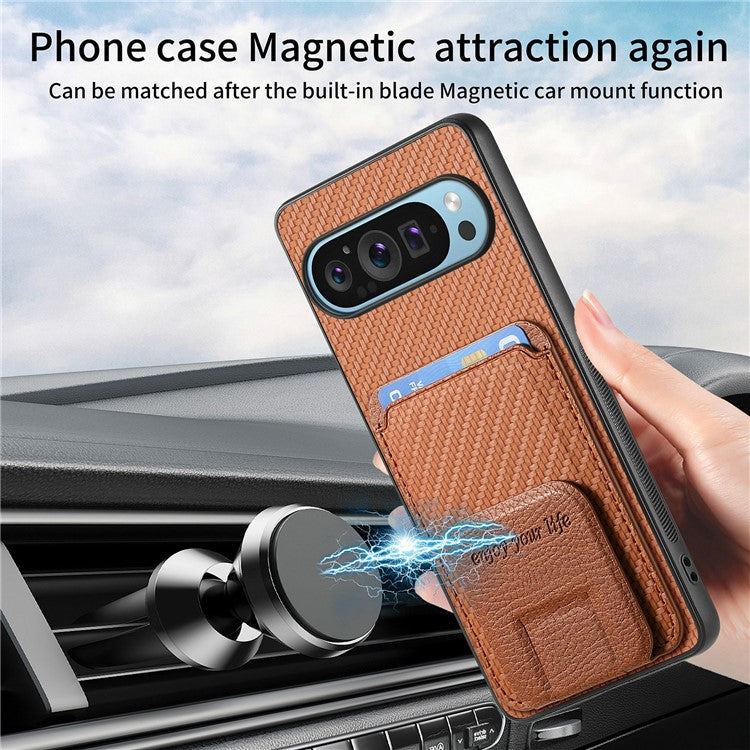 For Google Pixel 9 / Pixel 9 Pro Case Card Holder Carbon Fiber Texture Leather Coated TPU Phone Cover - Brown