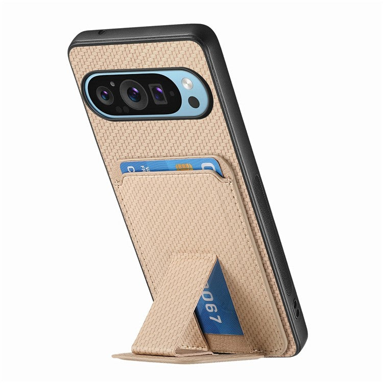 For Google Pixel 9 / Pixel 9 Pro Case Card Holder Carbon Fiber Texture Leather Coated TPU Phone Cover - Beige