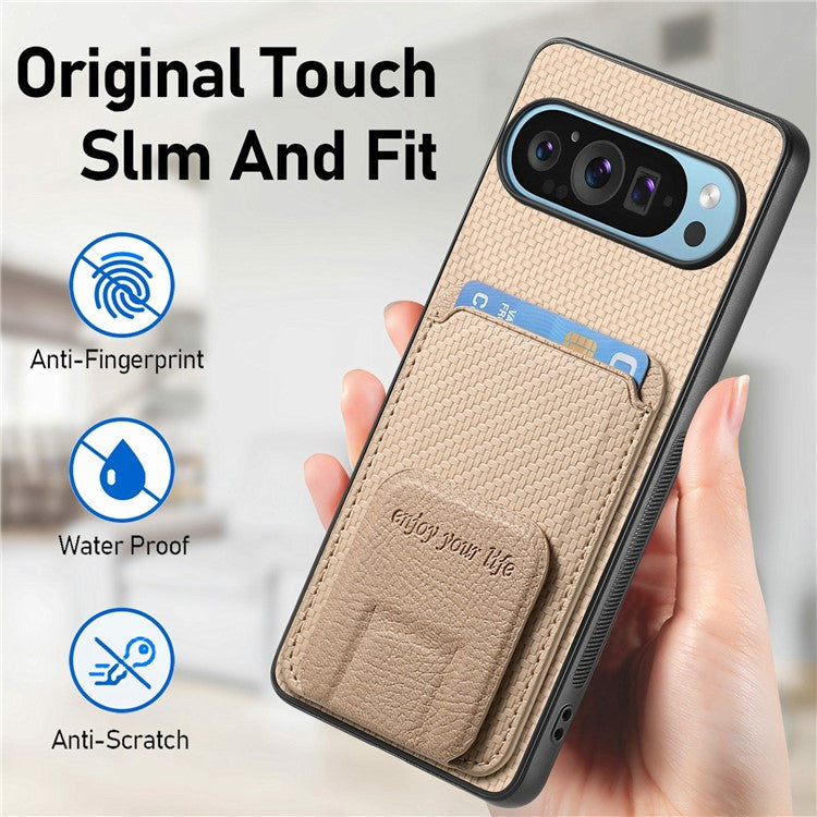 For Google Pixel 9 / Pixel 9 Pro Case Card Holder Carbon Fiber Texture Leather Coated TPU Phone Cover - Beige