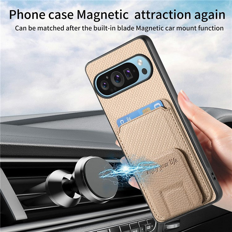 For Google Pixel 9 / Pixel 9 Pro Case Card Holder Carbon Fiber Texture Leather Coated TPU Phone Cover - Beige