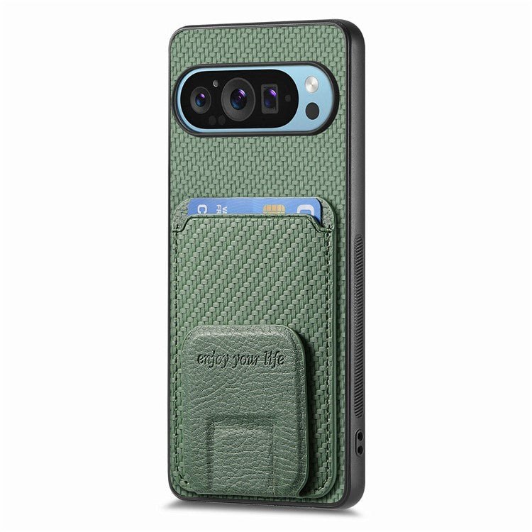For Google Pixel 9 / Pixel 9 Pro Case Card Holder Carbon Fiber Texture Leather Coated TPU Phone Cover - Green