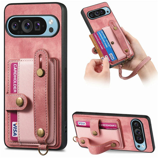 For Google Pixel 9 / Pixel 9 Pro Case Wristband Kickstand PU Leather Retro Back Cover Card Holder - Pink