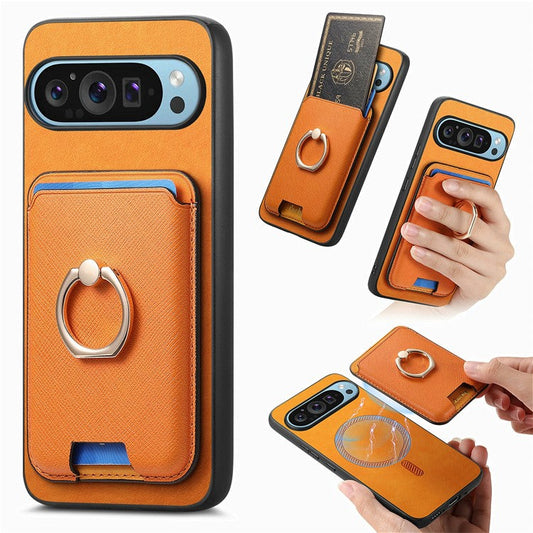 For Google Pixel 9 / Pixel 9 Pro Magnetic Case Leather+TPU Phone Cover Detachable Card Bag - Orange