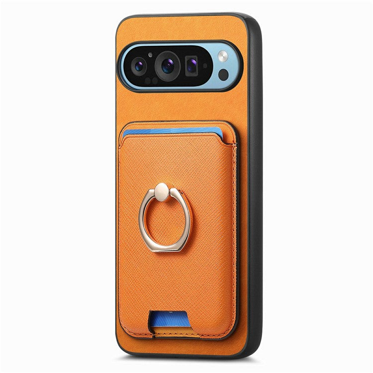 For Google Pixel 9 / Pixel 9 Pro Magnetic Case Leather+TPU Phone Cover Detachable Card Bag - Orange