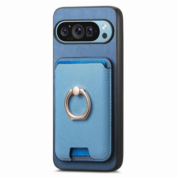 For Google Pixel 9 / Pixel 9 Pro Magnetic Case Leather+TPU Phone Cover Detachable Card Bag - Blue