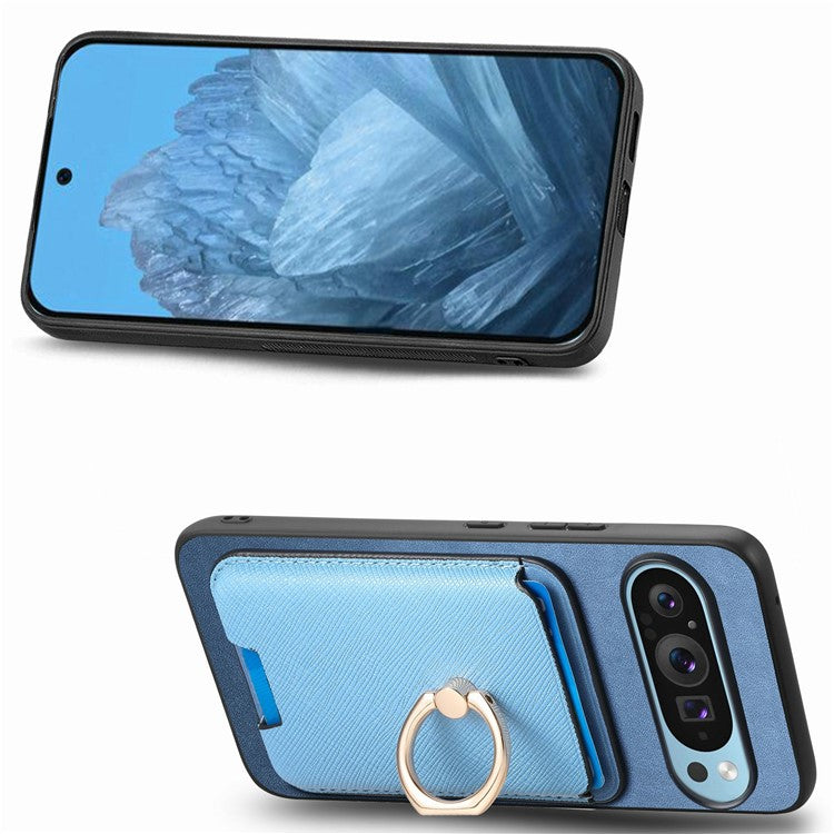For Google Pixel 9 / Pixel 9 Pro Magnetic Case Leather+TPU Phone Cover Detachable Card Bag - Blue