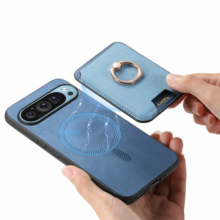 For Google Pixel 9 / Pixel 9 Pro Magnetic Case Leather+TPU Phone Cover Detachable Card Bag - Blue