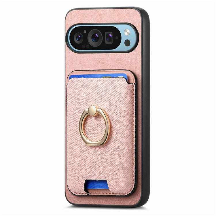 For Google Pixel 9 / Pixel 9 Pro Magnetic Case Leather+TPU Phone Cover Detachable Card Bag - Pink