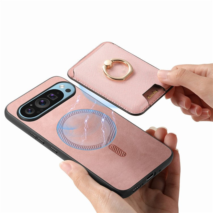 For Google Pixel 9 / Pixel 9 Pro Magnetic Case Leather+TPU Phone Cover Detachable Card Bag - Pink