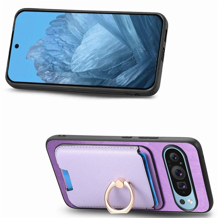 For Google Pixel 9 / Pixel 9 Pro Magnetic Case Leather+TPU Phone Cover Detachable Card Bag - Purple
