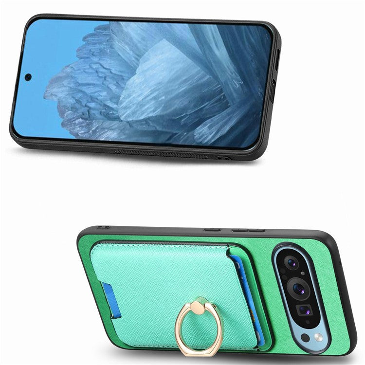 For Google Pixel 9 / Pixel 9 Pro Magnetic Case Leather+TPU Phone Cover Detachable Card Bag - Green