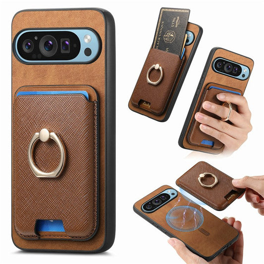 For Google Pixel 9 / Pixel 9 Pro Magnetic Case Leather+TPU Phone Cover Detachable Card Bag - Brown