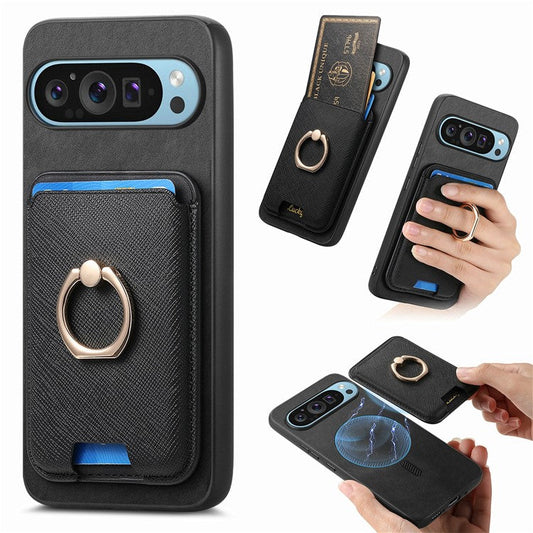 For Google Pixel 9 / Pixel 9 Pro Magnetic Case Leather+TPU Phone Cover Detachable Card Bag - Black