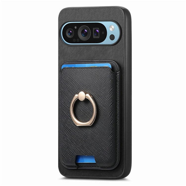 For Google Pixel 9 / Pixel 9 Pro Magnetic Case Leather+TPU Phone Cover Detachable Card Bag - Black