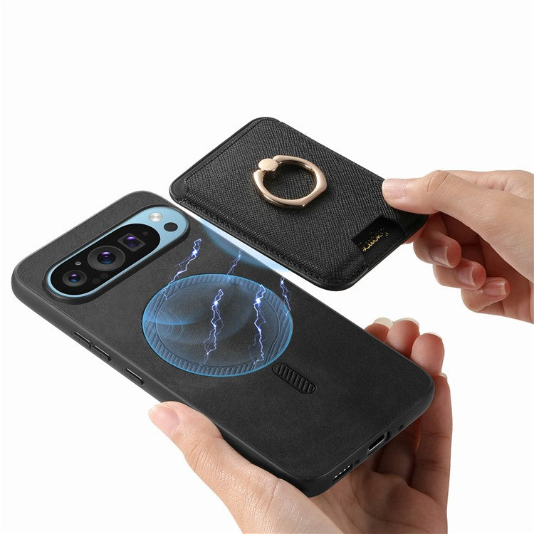 For Google Pixel 9 / Pixel 9 Pro Magnetic Case Leather+TPU Phone Cover Detachable Card Bag - Black