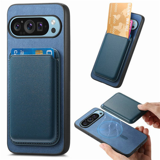 For Google Pixel 9 / Pixel 9 Pro Case Detachable Magnetic Card Bag Leather+TPU Phone Cover - Blue