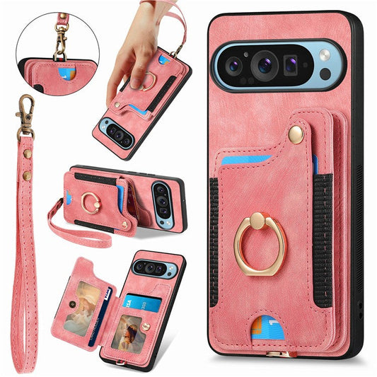For Google Pixel 9 / Pixel 9 Pro Case RFID Blocking Handbag Leather+TPU Phone Cover Card Slots, Ring Holder - Pink