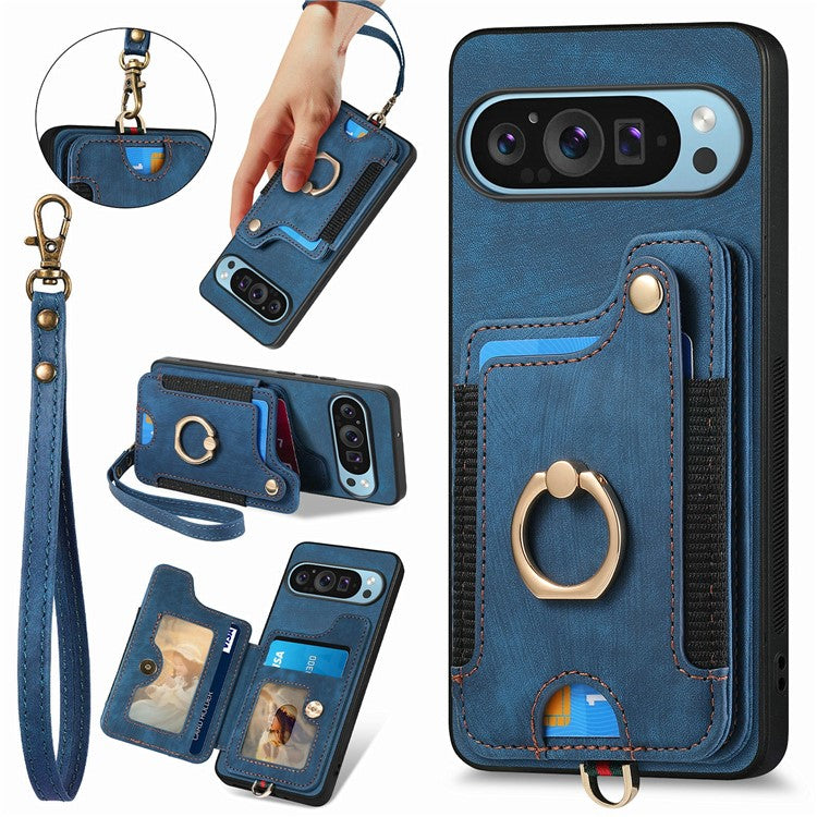 For Google Pixel 9 / Pixel 9 Pro Case RFID Blocking Handbag Leather+TPU Phone Cover Card Slots, Ring Holder - Blue