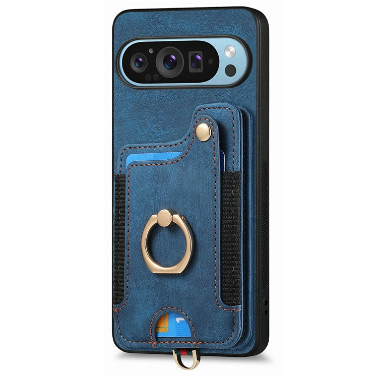 For Google Pixel 9 / Pixel 9 Pro Case RFID Blocking Handbag Leather+TPU Phone Cover Card Slots, Ring Holder - Blue