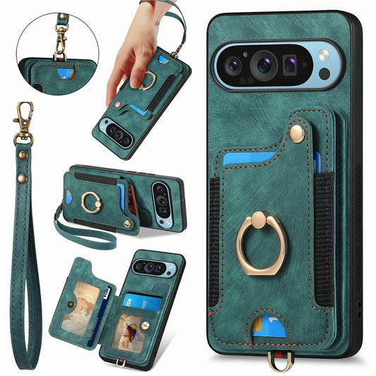 For Google Pixel 9 / Pixel 9 Pro Case RFID Blocking Handbag Leather+TPU Phone Cover Card Slots, Ring Holder - Green