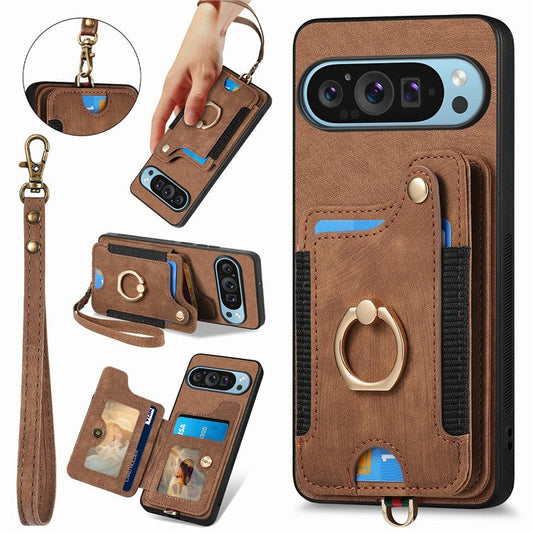 For Google Pixel 9 / Pixel 9 Pro Case RFID Blocking Handbag Leather+TPU Phone Cover Card Slots, Ring Holder - Brown