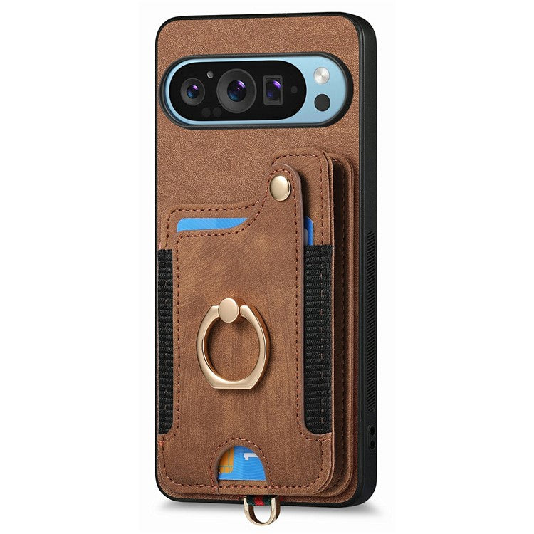 For Google Pixel 9 / Pixel 9 Pro Case RFID Blocking Handbag Leather+TPU Phone Cover Card Slots, Ring Holder - Brown