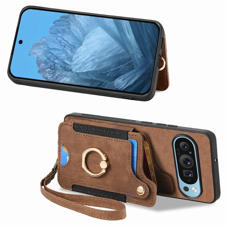 For Google Pixel 9 / Pixel 9 Pro Case RFID Blocking Handbag Leather+TPU Phone Cover Card Slots, Ring Holder - Brown