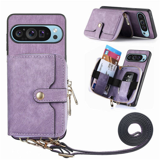 For Google Pixel 9 / Pixel 9 Pro Case Zipper Card Holder PU Leather Phone Back Cover with Long Strap - Purple