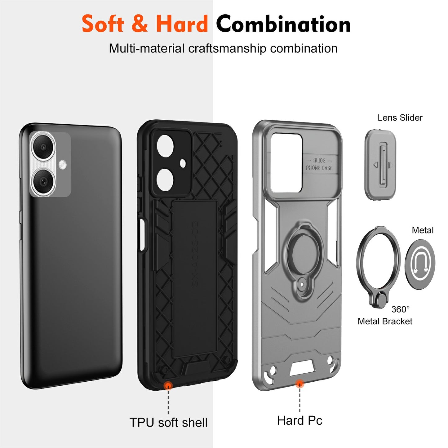 For Samsung Galaxy A06 Case Slide Camshield Kickstand PC+TPU Phone Cover - Grey