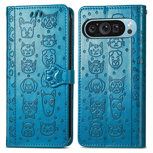 For Google Pixel 9 Pro XL Case Leather Wallet Flip Phone Cover Cute Cat Dog Pattern - Blue