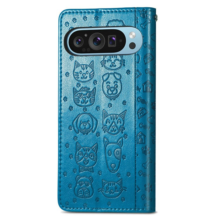 For Google Pixel 9 Pro XL Case Leather Wallet Flip Phone Cover Cute Cat Dog Pattern - Blue