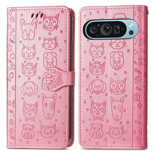 For Google Pixel 9 Pro XL Case Leather Wallet Flip Phone Cover Cute Cat Dog Pattern - Pink