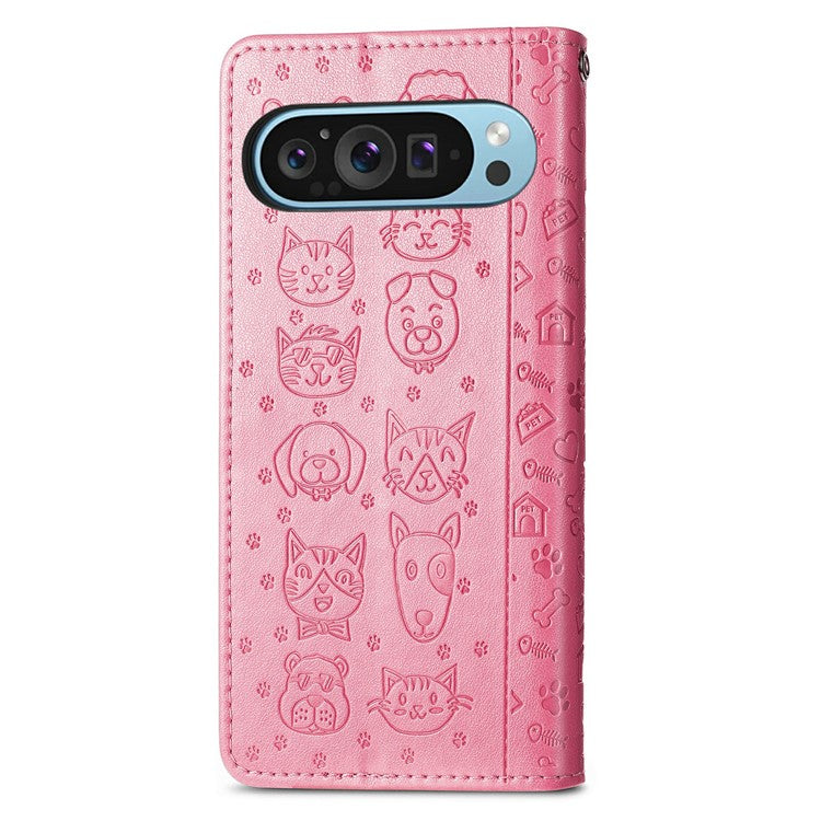 For Google Pixel 9 Pro XL Case Leather Wallet Flip Phone Cover Cute Cat Dog Pattern - Pink
