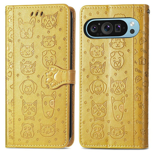 For Google Pixel 9 Pro XL Case Leather Wallet Flip Phone Cover Cute Cat Dog Pattern - Yellow