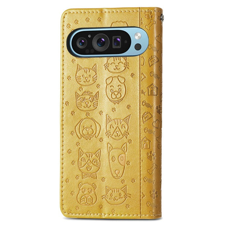 For Google Pixel 9 Pro XL Case Leather Wallet Flip Phone Cover Cute Cat Dog Pattern - Yellow