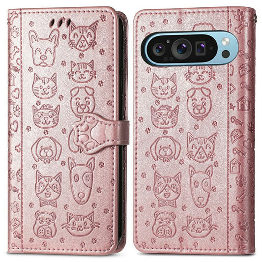 For Google Pixel 9 Pro XL Case Leather Wallet Flip Phone Cover Cute Cat Dog Pattern - Rose Gold