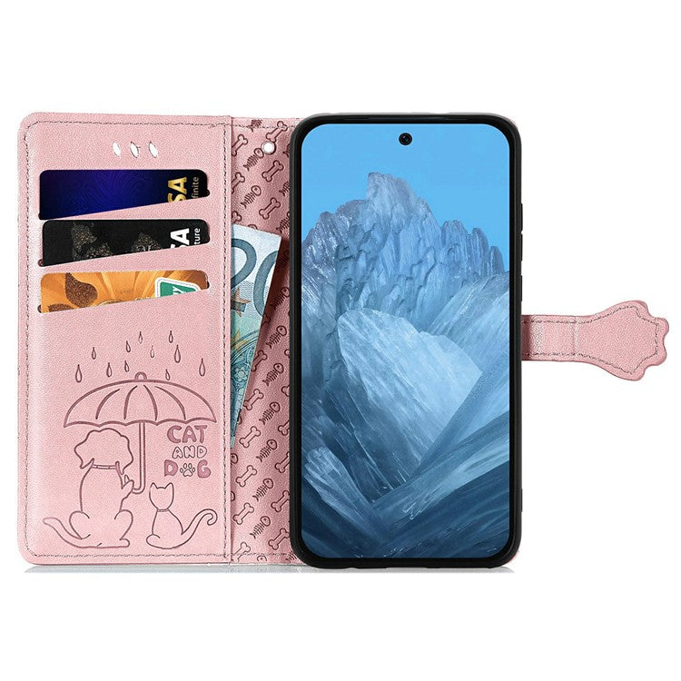 For Google Pixel 9 Pro XL Case Leather Wallet Flip Phone Cover Cute Cat Dog Pattern - Rose Gold