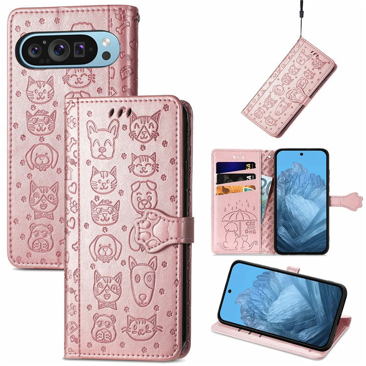 For Google Pixel 9 Pro XL Case Leather Wallet Flip Phone Cover Cute Cat Dog Pattern - Rose Gold