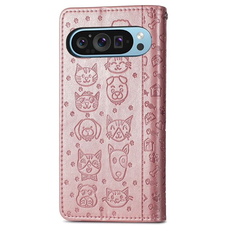 For Google Pixel 9 Pro XL Case Leather Wallet Flip Phone Cover Cute Cat Dog Pattern - Rose Gold