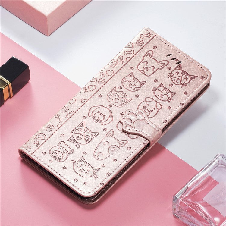 For Google Pixel 9 Pro XL Case Leather Wallet Flip Phone Cover Cute Cat Dog Pattern - Rose Gold